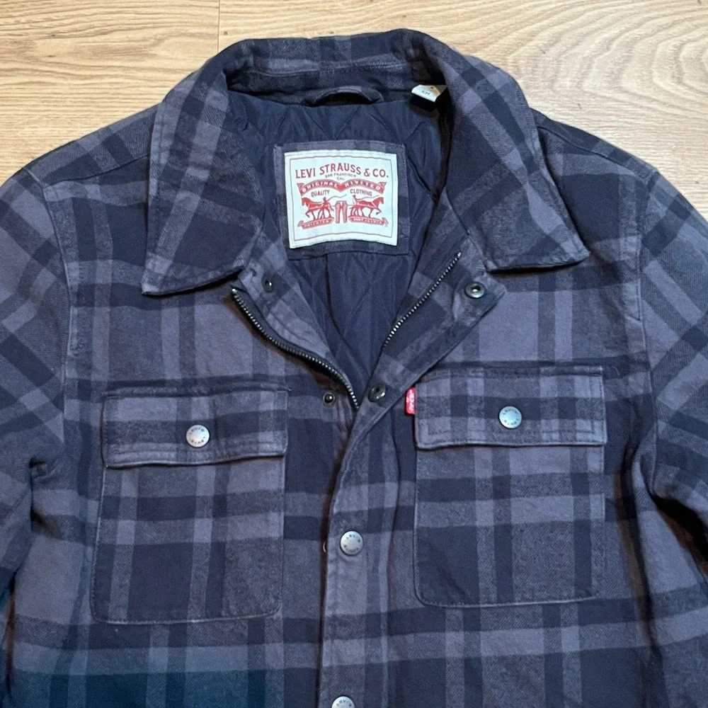 Levi's Quilted Shirt Jacket Mens Small Gray Plaid Shacket Flannel Coat Utility